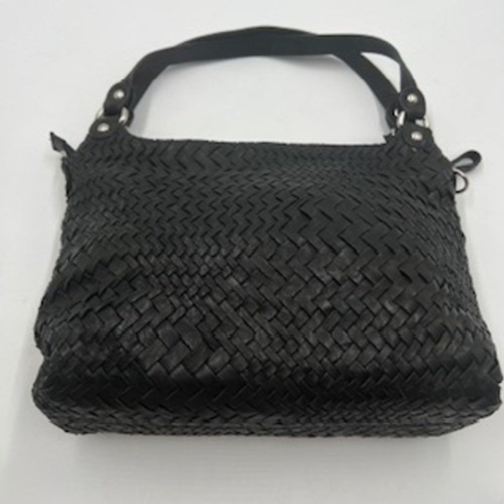 Enzo Poli Black Woven Leather Hobo Shoulder Bag‎ Silver Hardware Medium - Picture 5 of 16